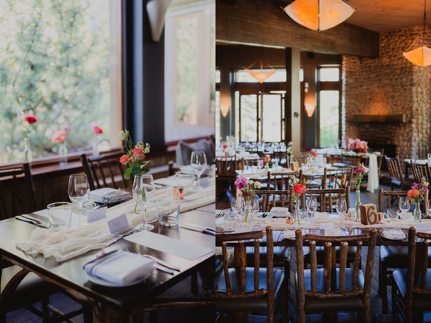 Modern restaurant interior set for wedding reception with elegant table settings and natural lighting.