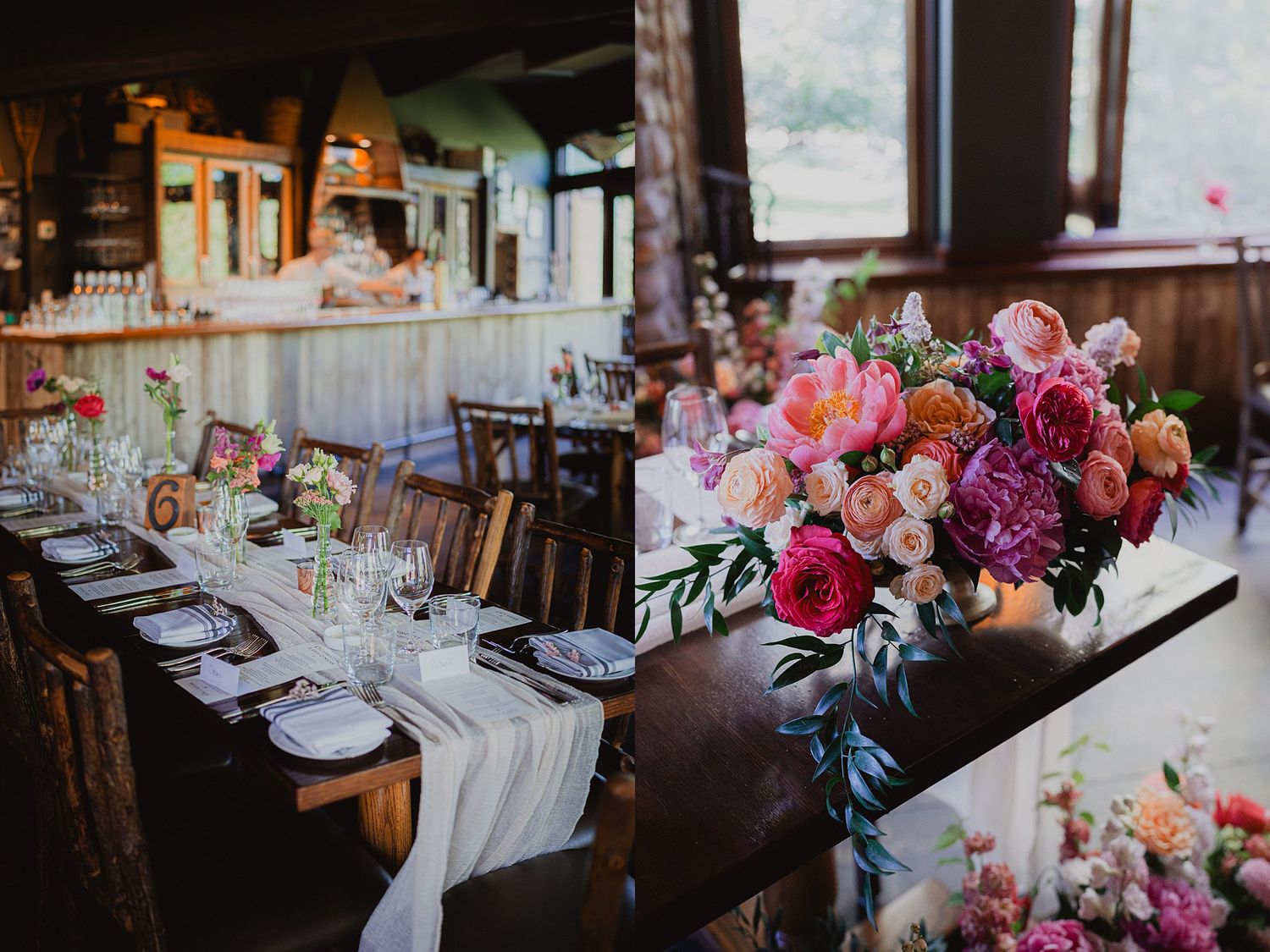 Elegant wedding reception tables decorated with pink floral centerpieces and white linens in a rustic venue.
