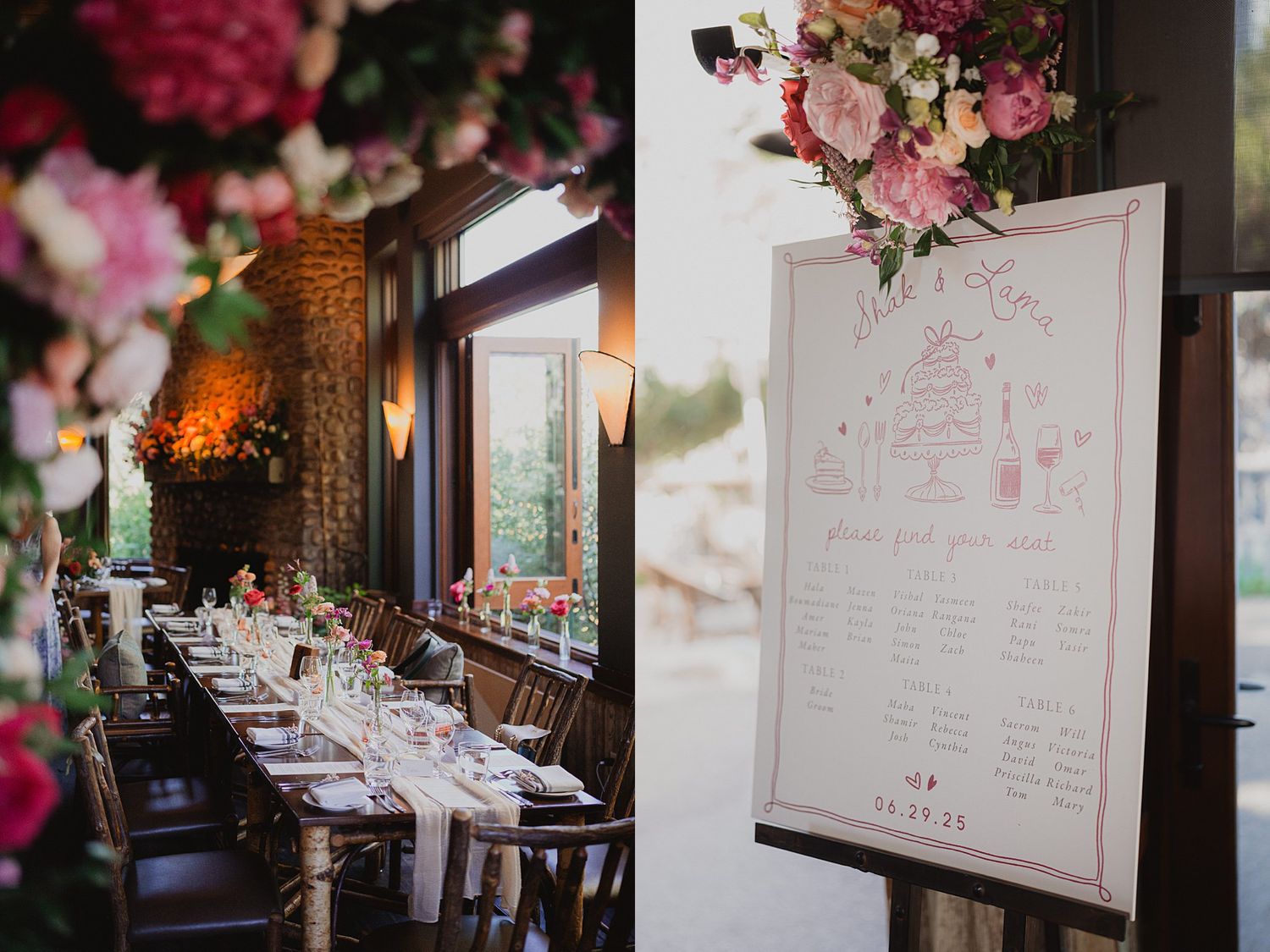 Wedding reception seating chart and table arrangements displayed on dark wooden frames with floral accents.