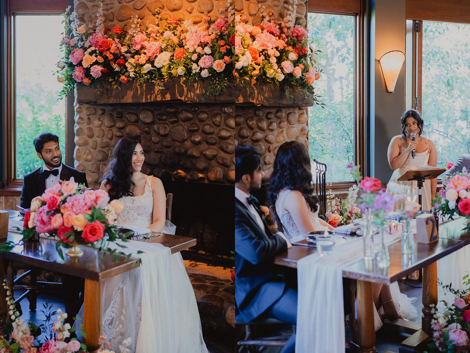 Wedding reception venue decorated with pink floral arrangements and rustic stone fireplace.