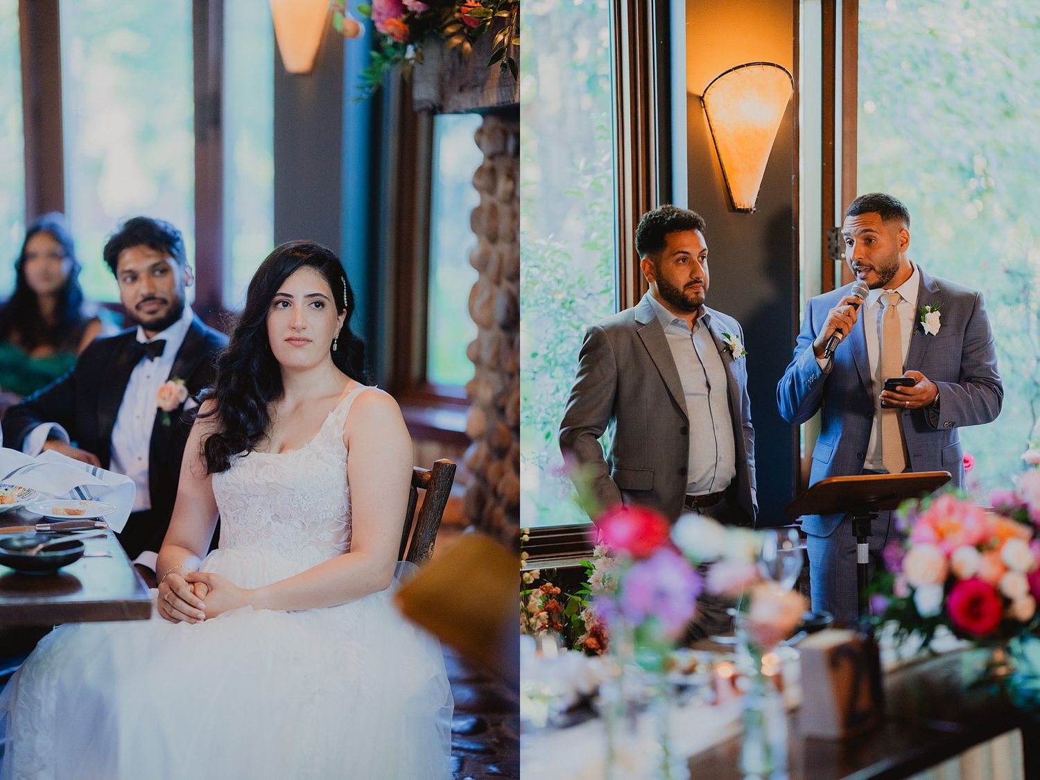 Split image showing wedding reception moments with elegant decor and floral arrangements.