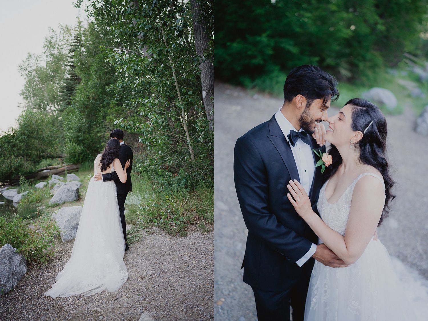 Romantic outdoor wedding portraits captured along a wooded path with natural greenery.