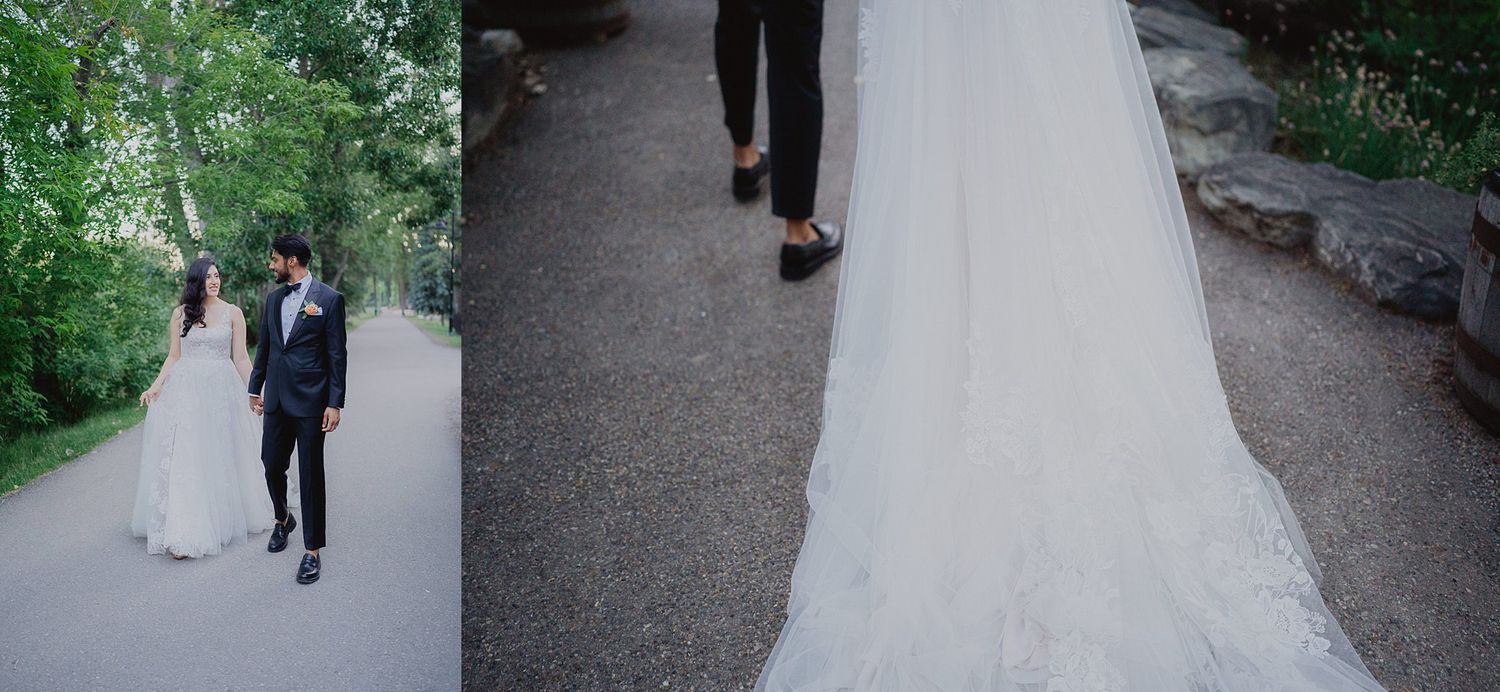 Side-by-side images of a bride and groom walking along a garden path.