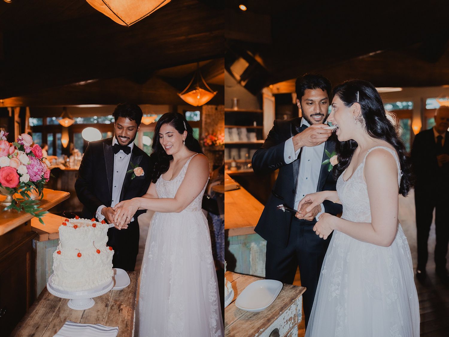 Wedding reception scenes showing cake cutting and celebration moments in a warmly lit indoor venue.