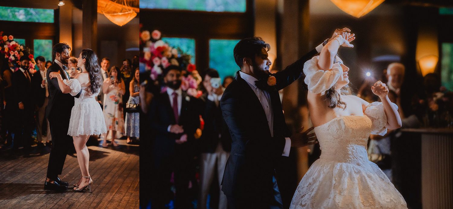 Wedding guests dance and celebrate on a dimly lit dance floor during the reception.