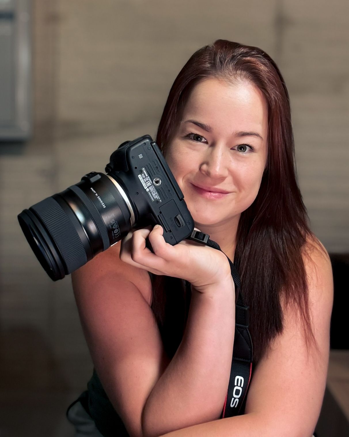 A photographer holding a professional DSLR camera poses in a creative sequence of overlapping shots.