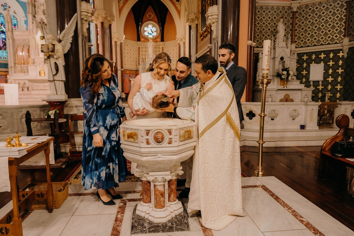 A series of wedding ceremony photos showing church interior details and decorative elements in warm lighting.