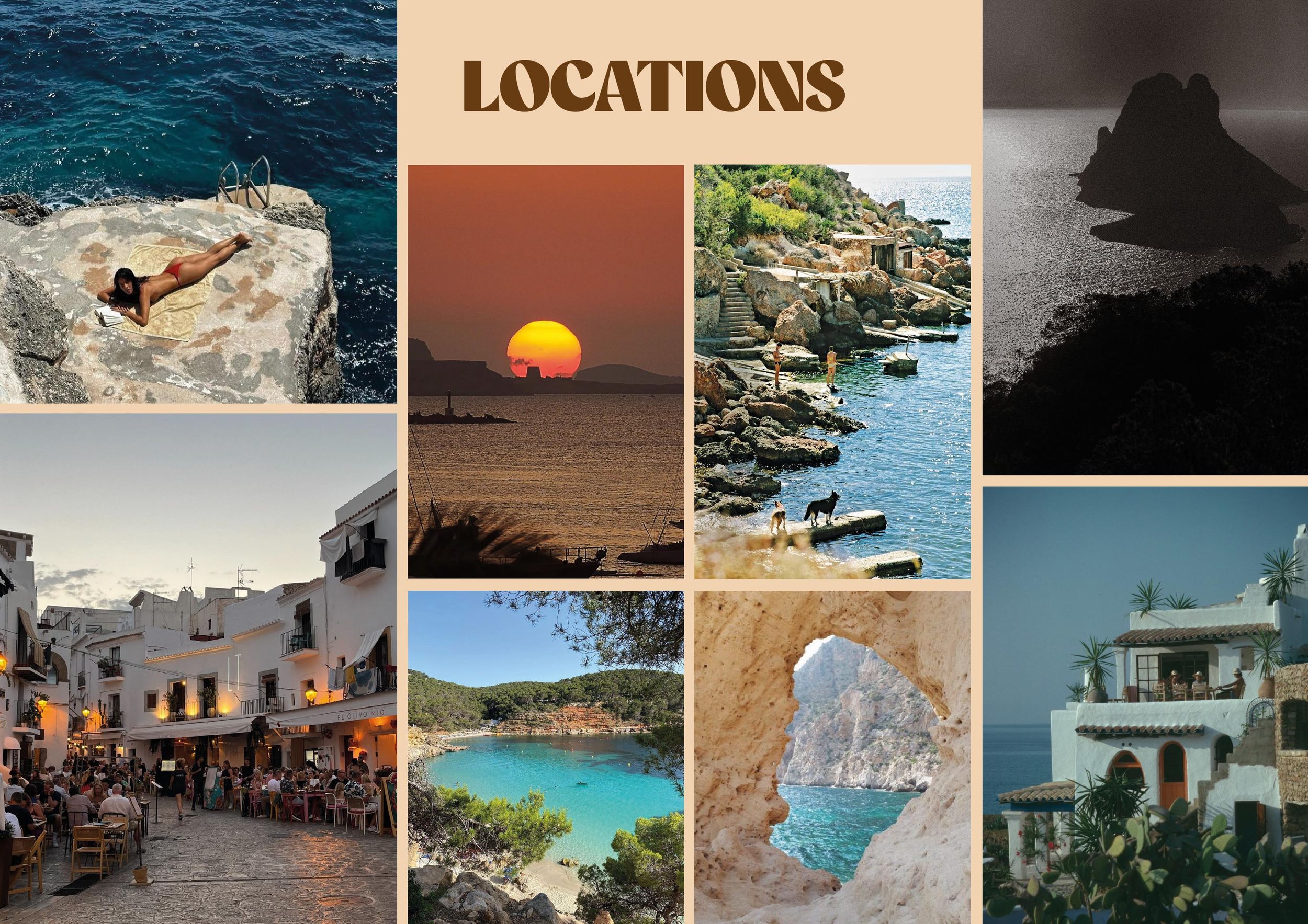 A grid of scenic Mediterranean coastal and landscape photography showcasing various beach and cliff locations.