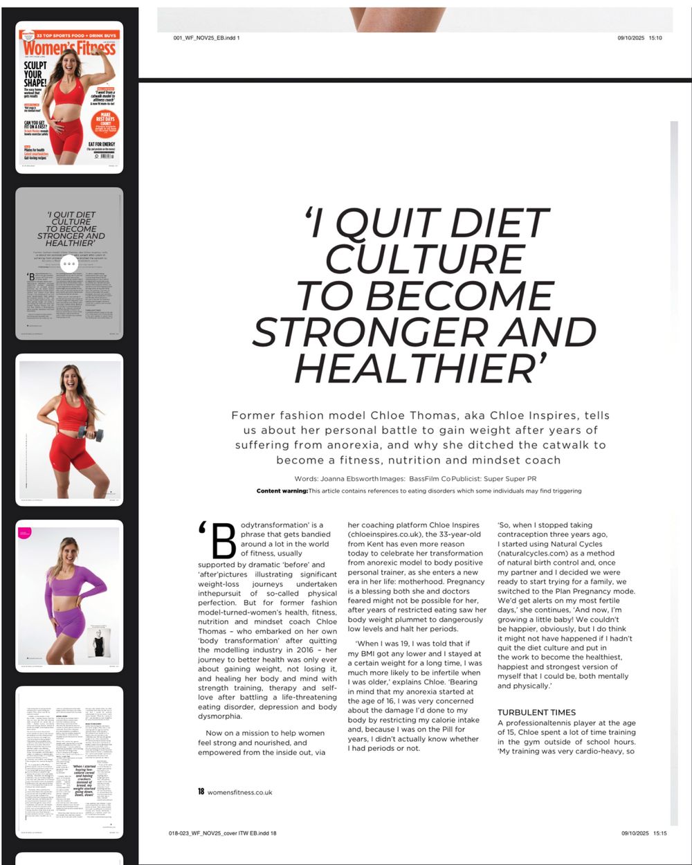 Editorial photography, fitness photoshoot featured in woman's fitness magazine