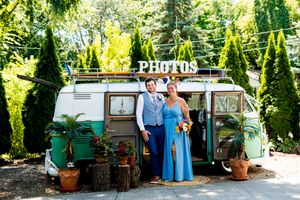 A row of vintage camper trailers parked among tall evergreen trees at a scenic outdoor campground.