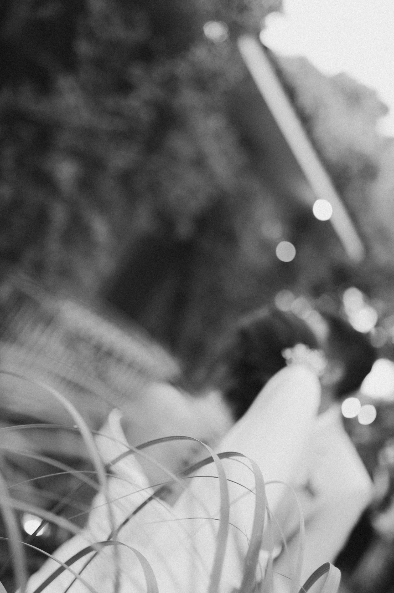 Abstract black and white wedding photo showing blurred movement and bokeh lights.