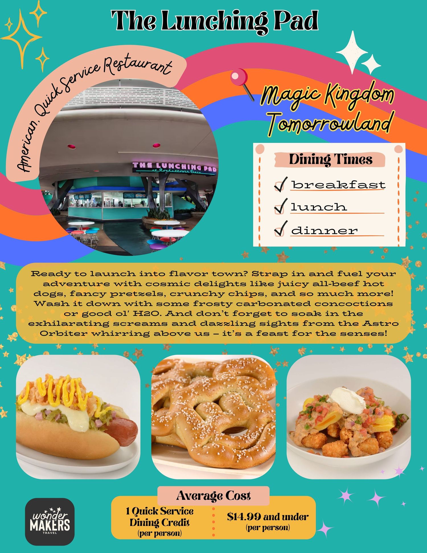 Retro-style restaurant advertisement showing dining times, menu items and prices with rainbow design elements and food photos.