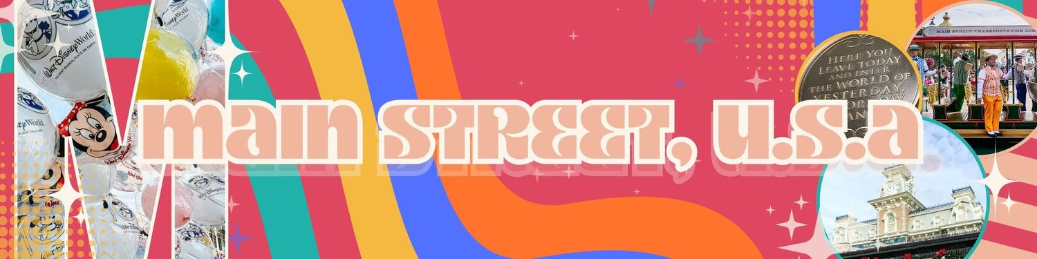 A colorful retro-style banner with Main Street text features rainbow stripes and halftone dots against a pink background.