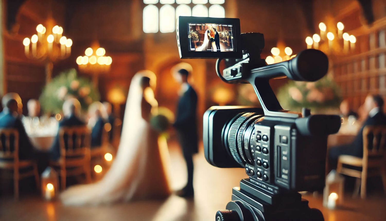 Professional video camera recording wedding ceremony in church with soft candlelit ambiance and out-of-focus figures.