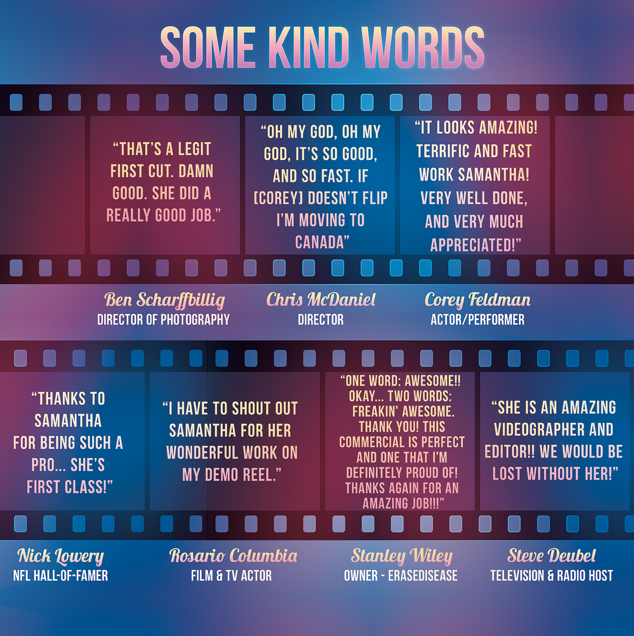 A collection of testimonial quotes arranged on a purple filmstrip background design.