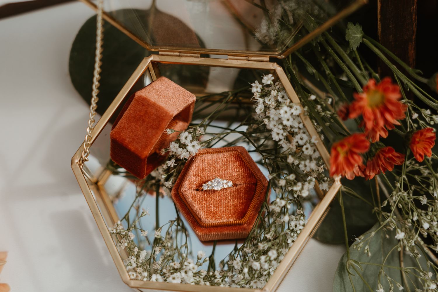 Flat lay shots close up on ring.