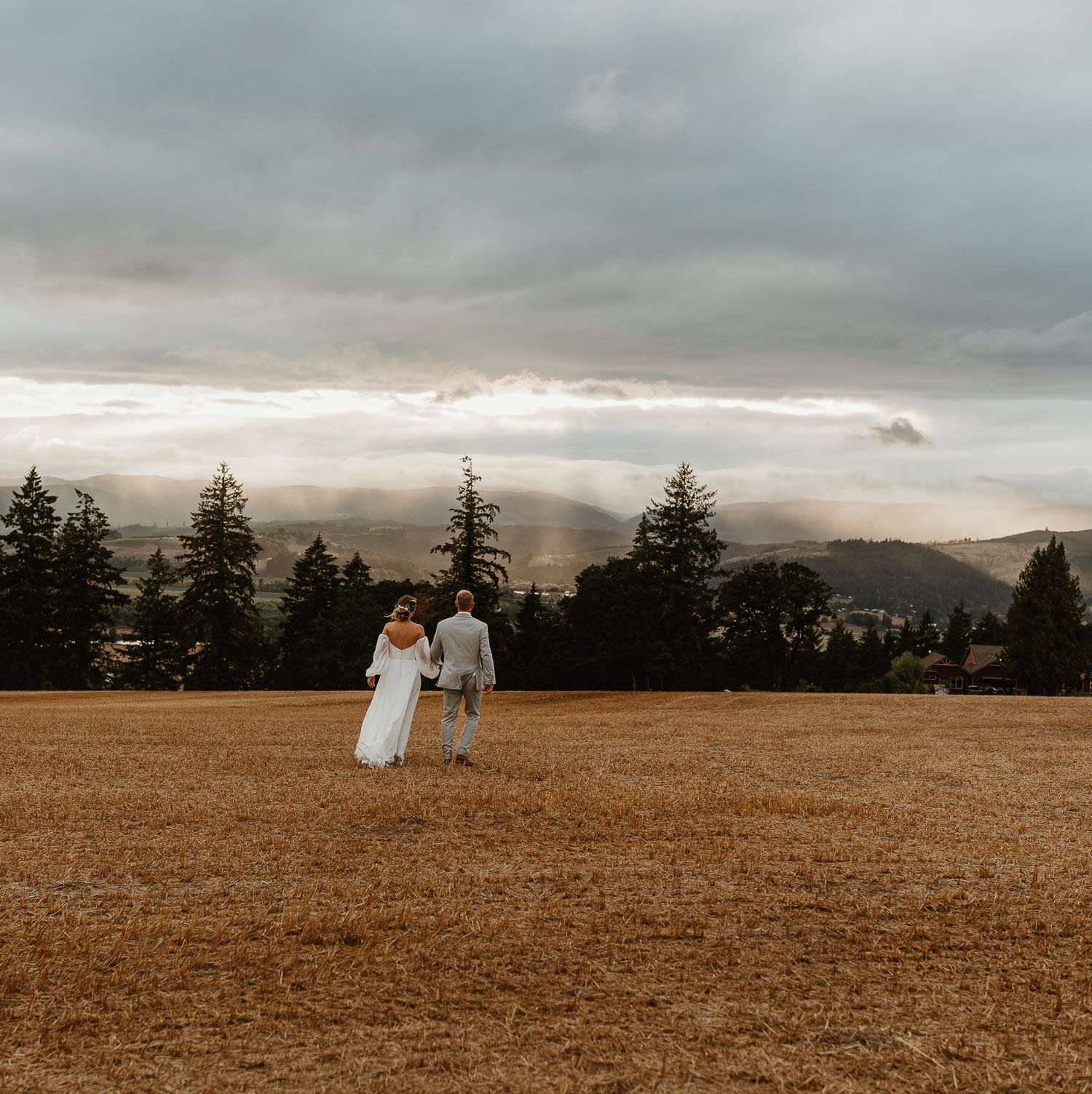 Running into the sun set before their first dance.