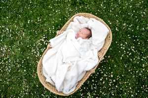 Newborn baby sleeping in wicker basket surrounded by white daisies on green grass.