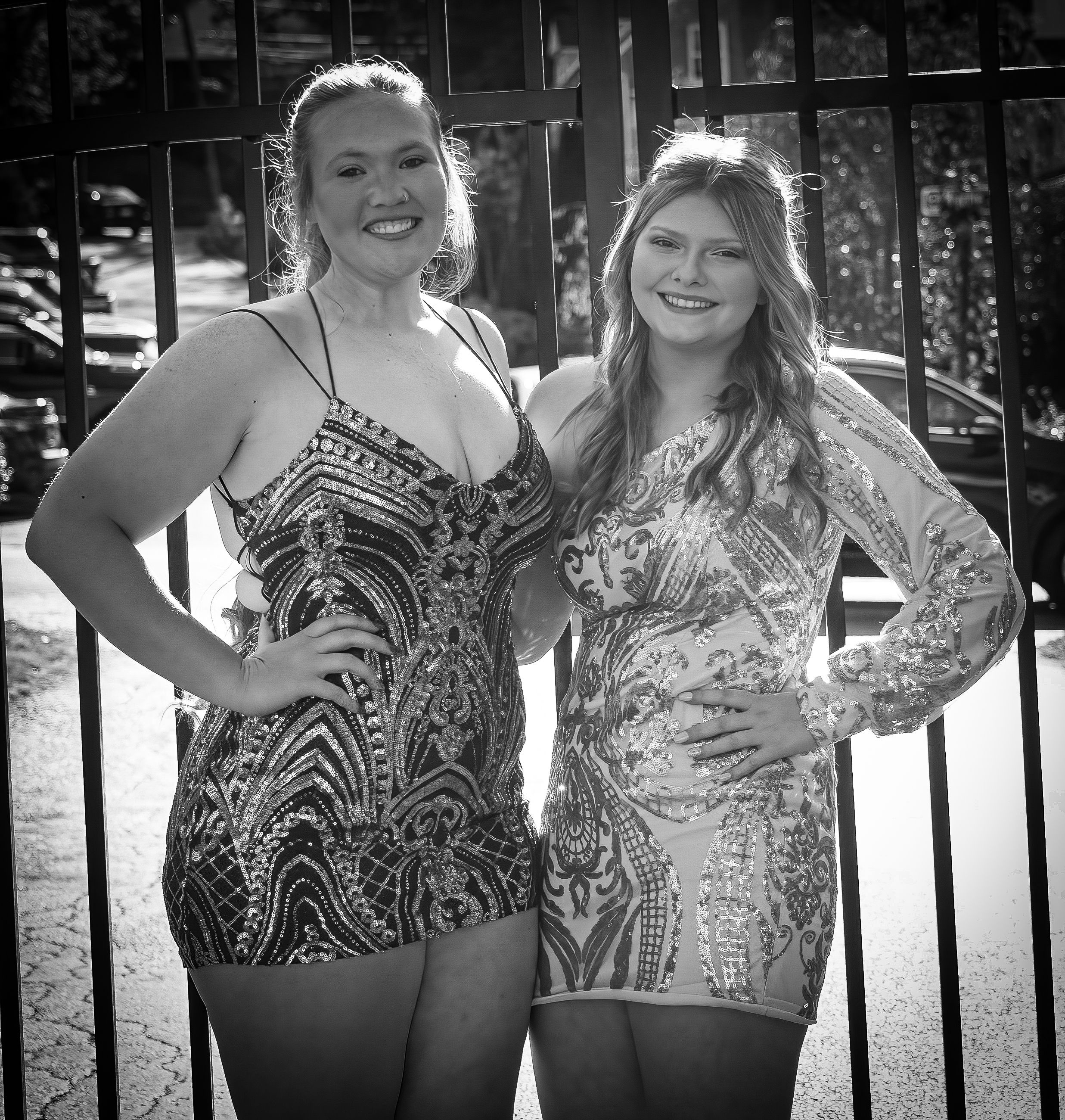 Two people in matching sparkly dresses pose together against iron fence.
prom 
riverside