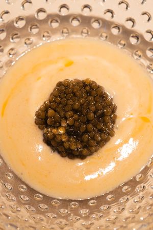 Caviar served atop a creamy sauce on a textured glass plate.