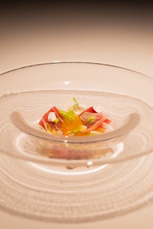 Colorful fresh ingredients delicately plated on a textured glass dish.