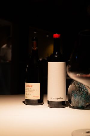 Dark wine bottles arranged on a dimly lit surface with subtle lighting.