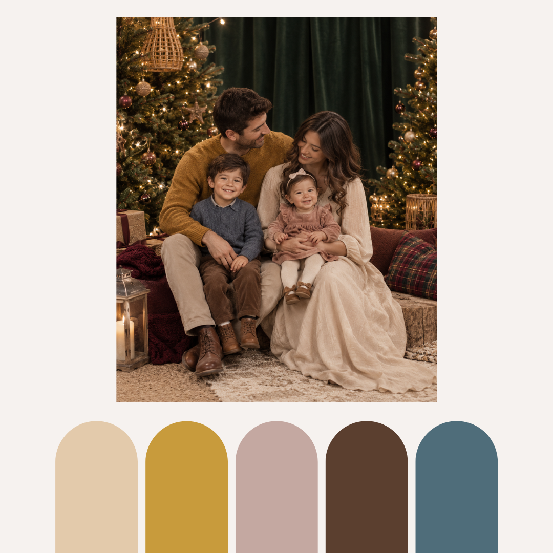 Classic Christmas color palette featuring five swatches in green, beige, and burgundy tones.