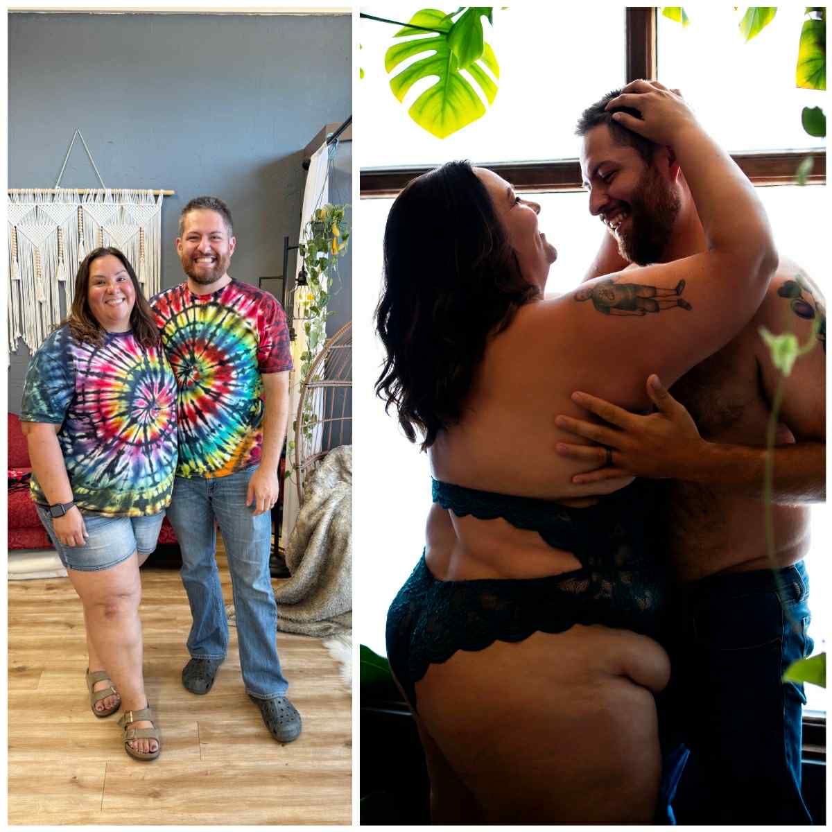 A couple wearing tie-dye shirts dance together in a series of candid moments captured indoors.