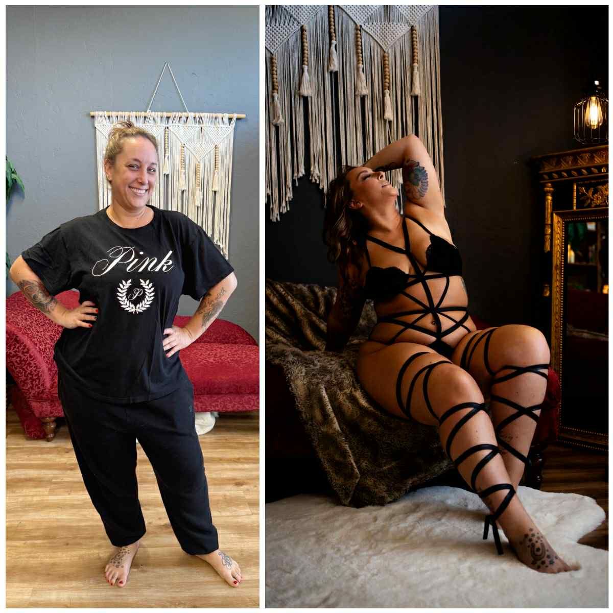 A series of fashion photos showing close-up details of black strappy shoes and clothing accessories.