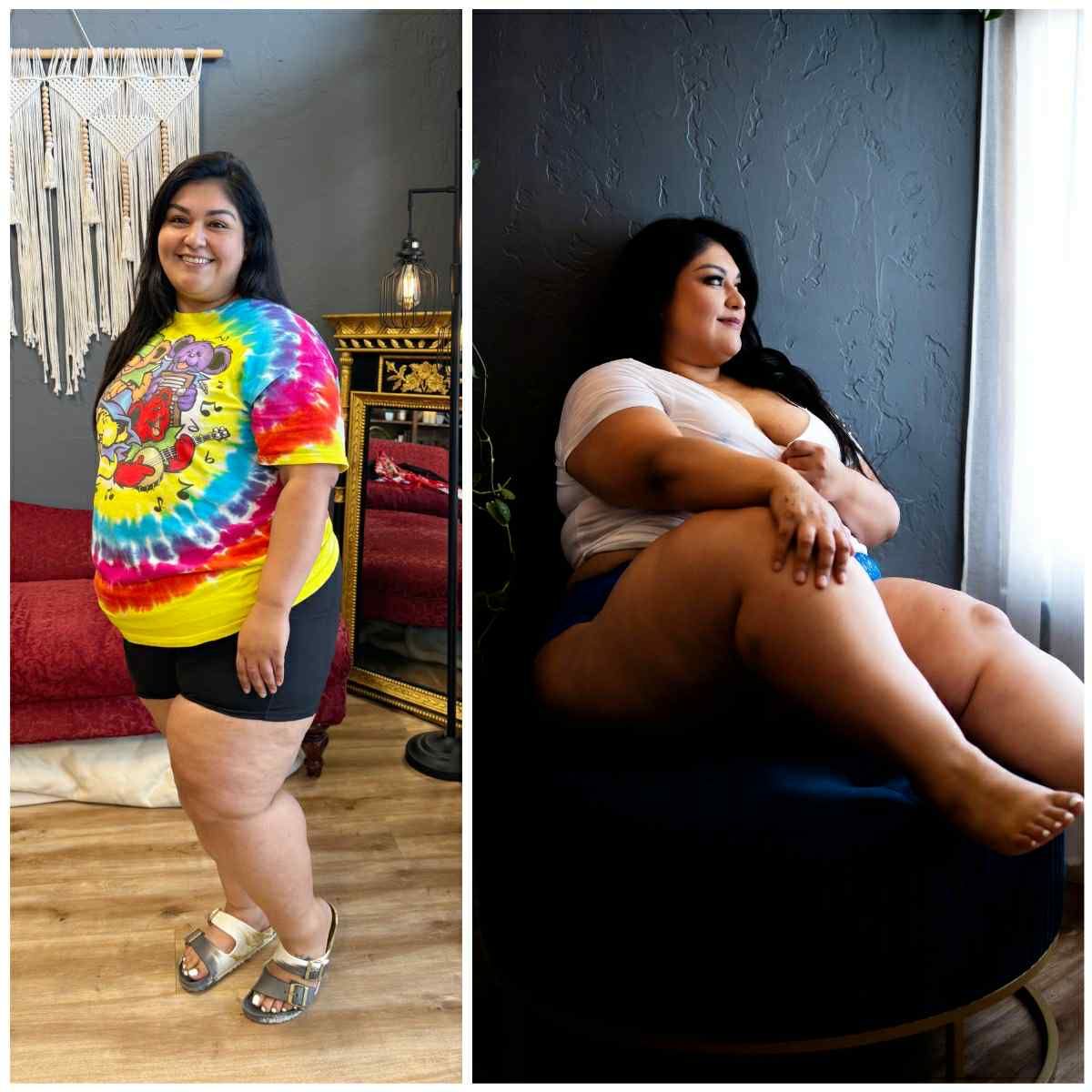 Colorful tie-dye outfit photography session in a modern room setting.