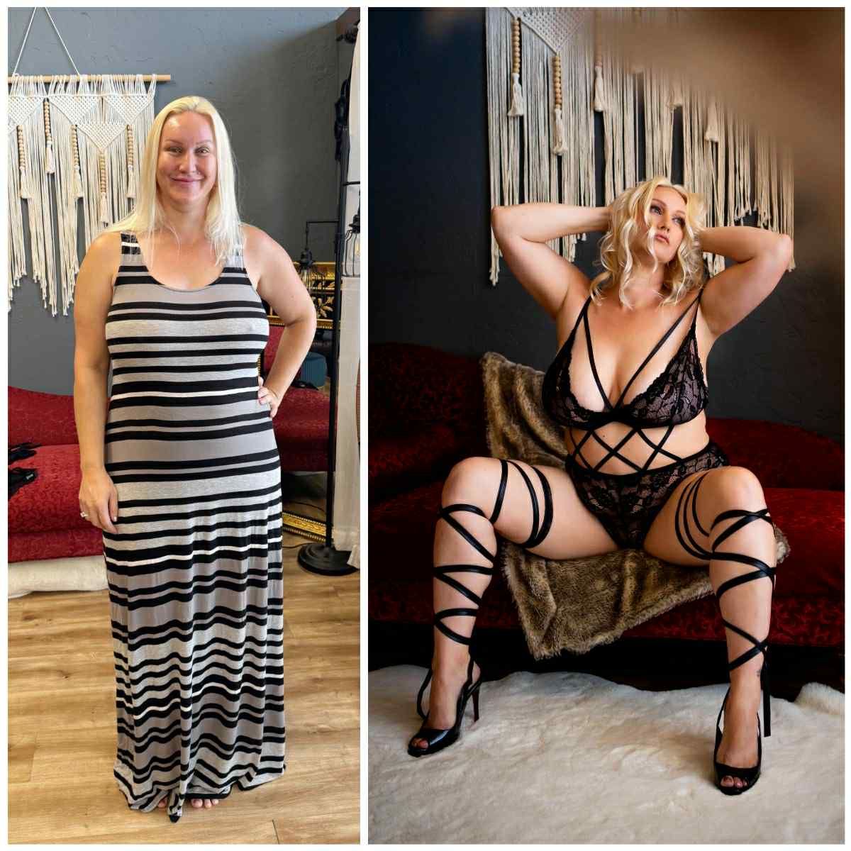 Fashion photography featuring black and white striped clothing in an indoor setting.