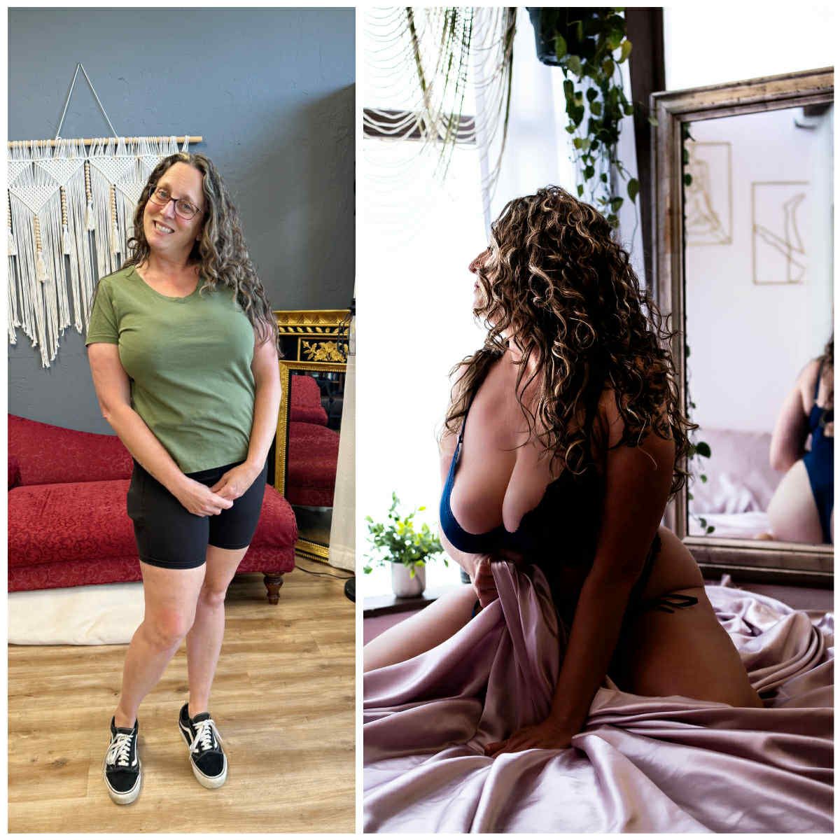 A series of casual lifestyle photos showing a person in different poses and outfits against indoor backgrounds.