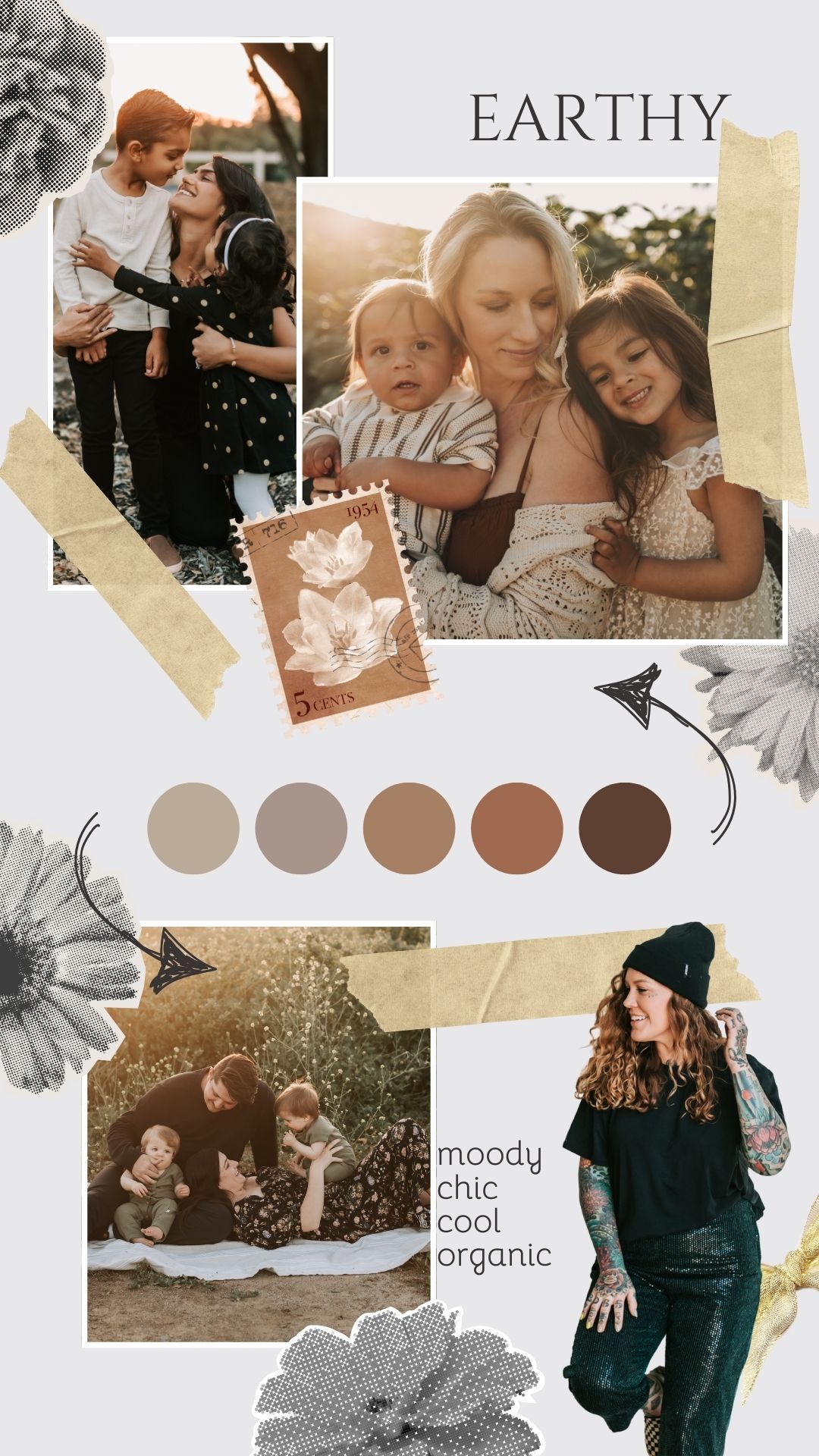 Mood board featuring warm earthy tones, vintage stamps, floral details and a neutral color palette in brown and beige shades.