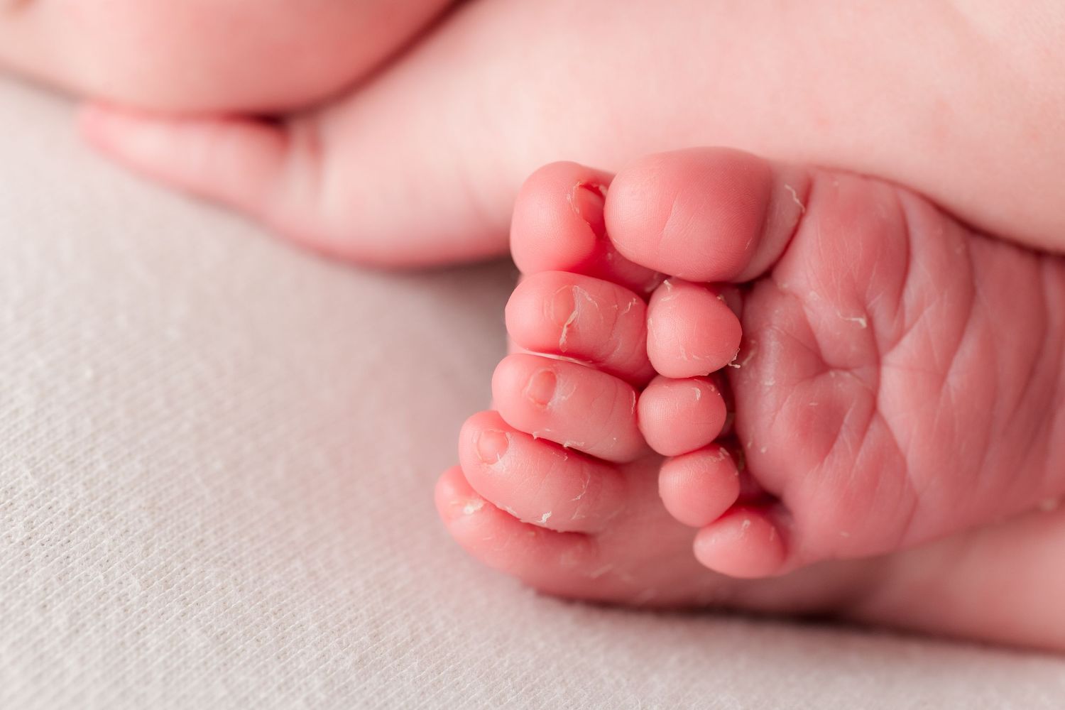 Close-up of tiny baby toes on soft white fabric showing delicate pink skin and small wrinkles.