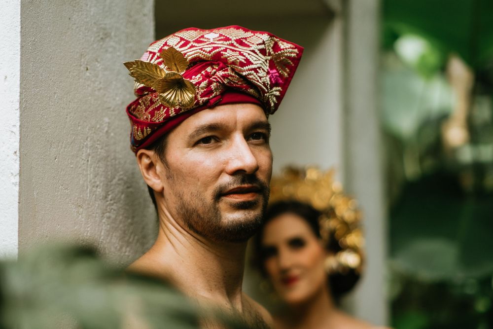 Artistic portrait series showing traditional Balinese wedding headpieces and attire.
