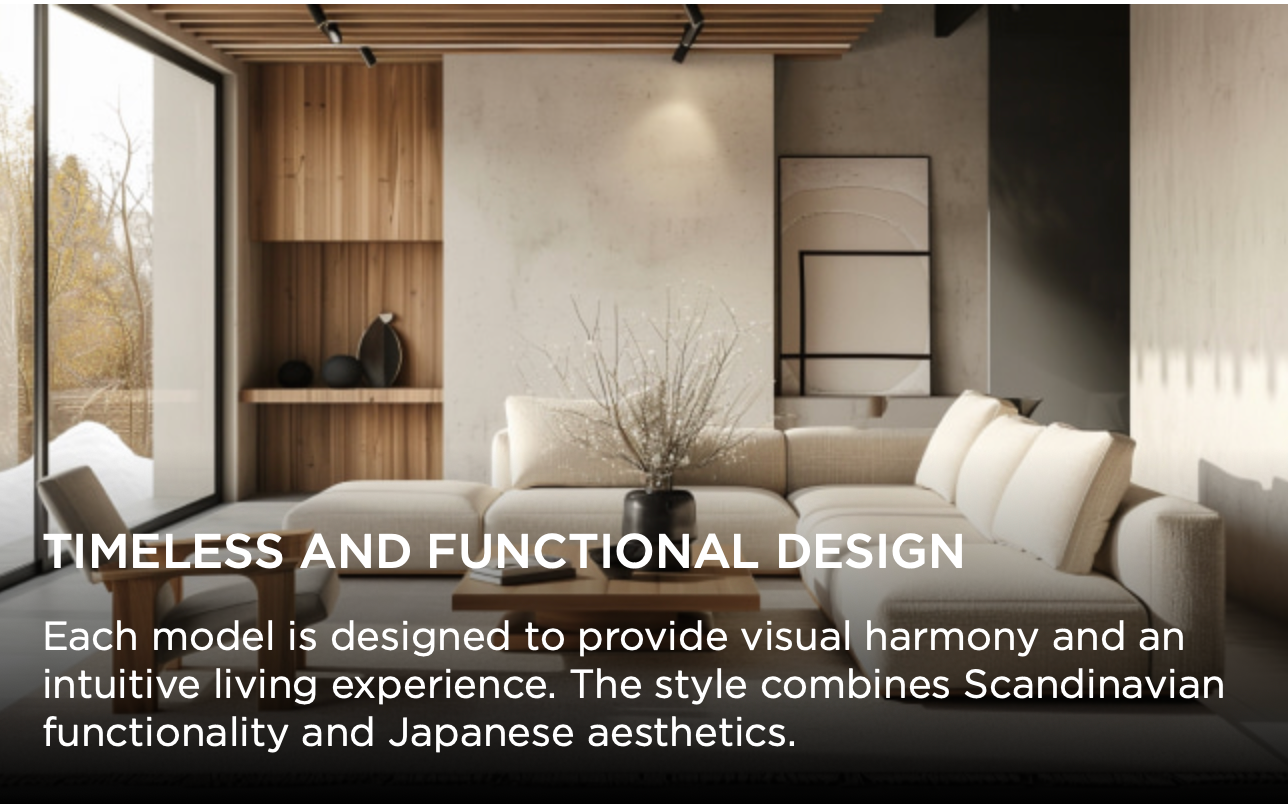 Modern living room interior with minimalist Scandinavian design featuring light wood accents and white furniture.