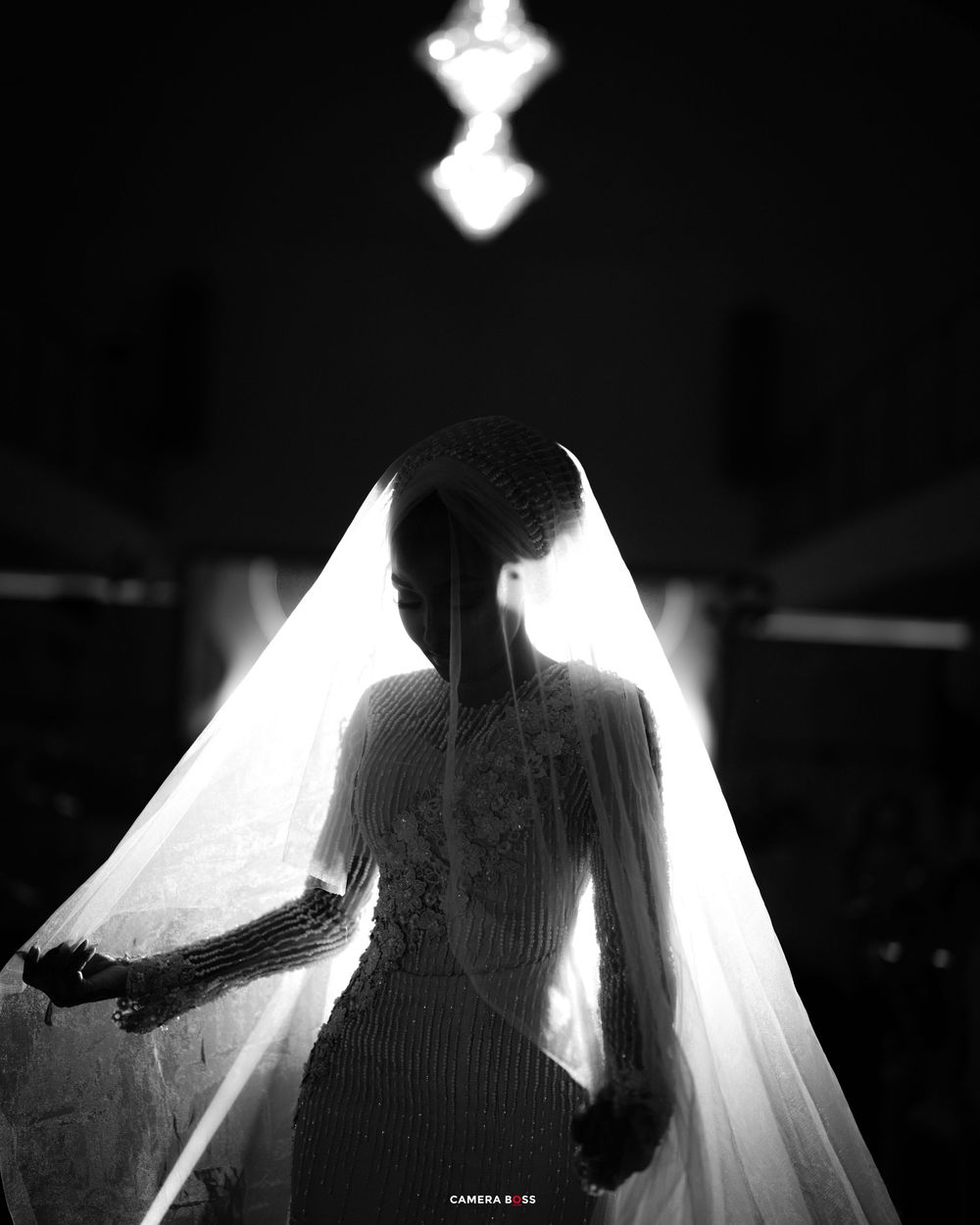 Dramatic black and white silhouette portrait under glowing overhead lights.
