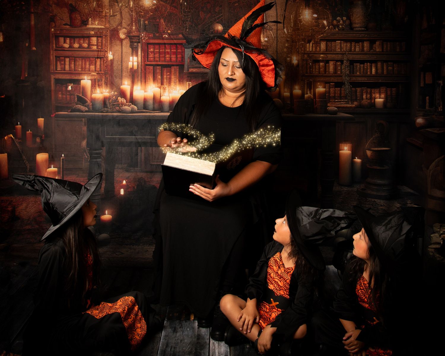 Professional marketing photos showing moody candle-lit bar scenes with warm ambience and festive holiday decorations. halloween minis