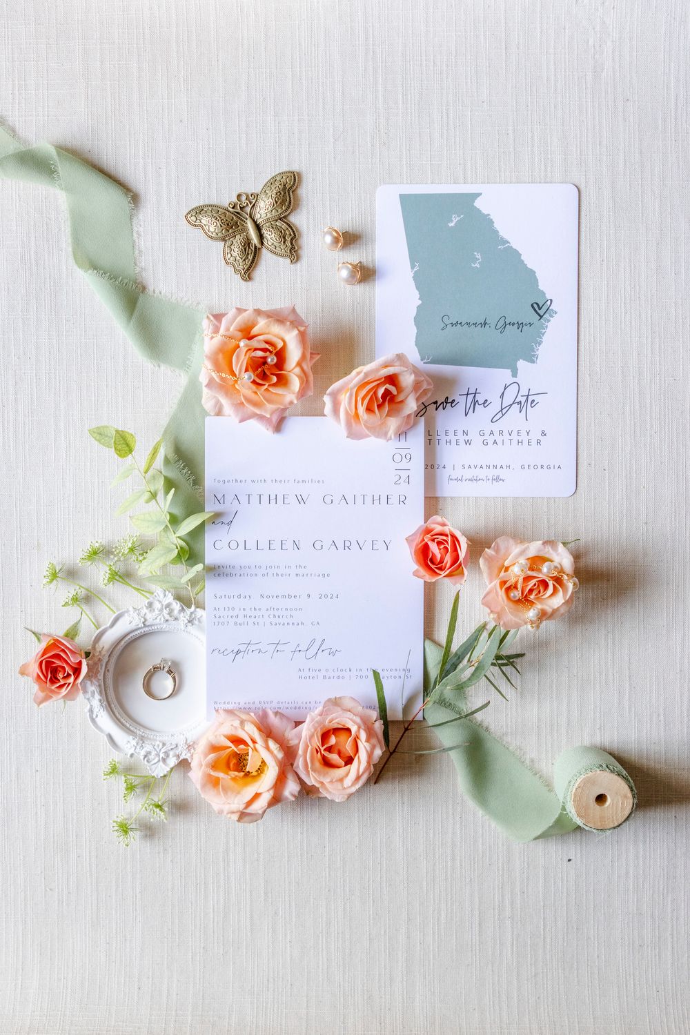 Luxury wedding invitation suite styled with florals in San Antonio Texas.