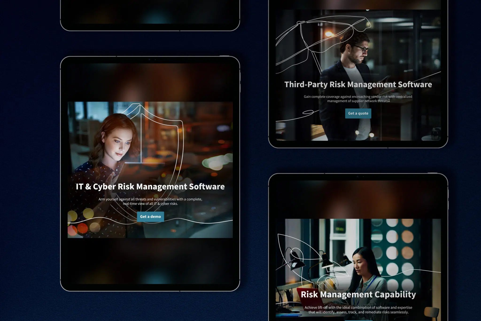 Collage of tablet screens displaying IT, cyber, and third-party risk management software interfaces on dark blue background.