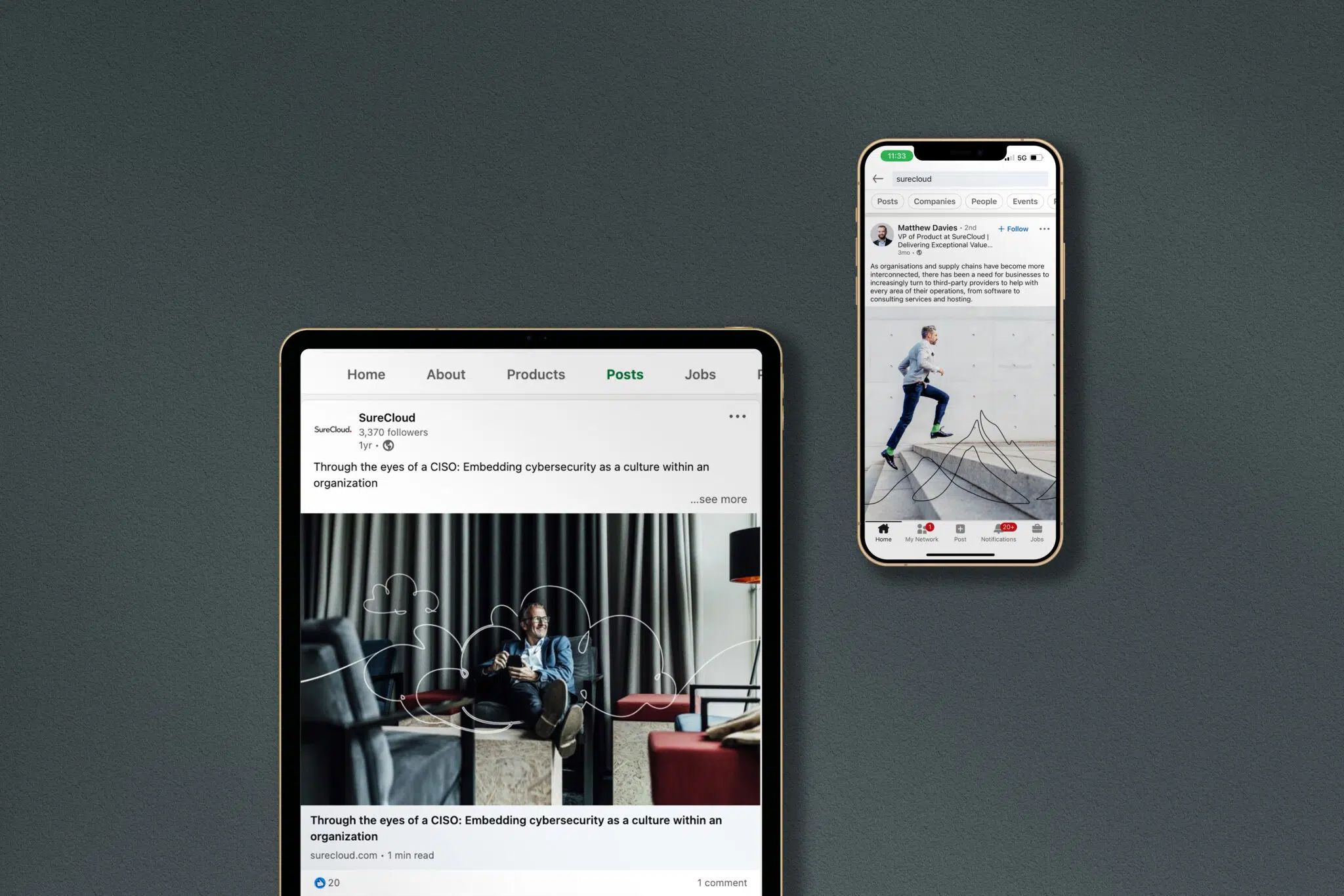 Tablet and smartphone displaying a modern website and social media profile on a dark teal background.