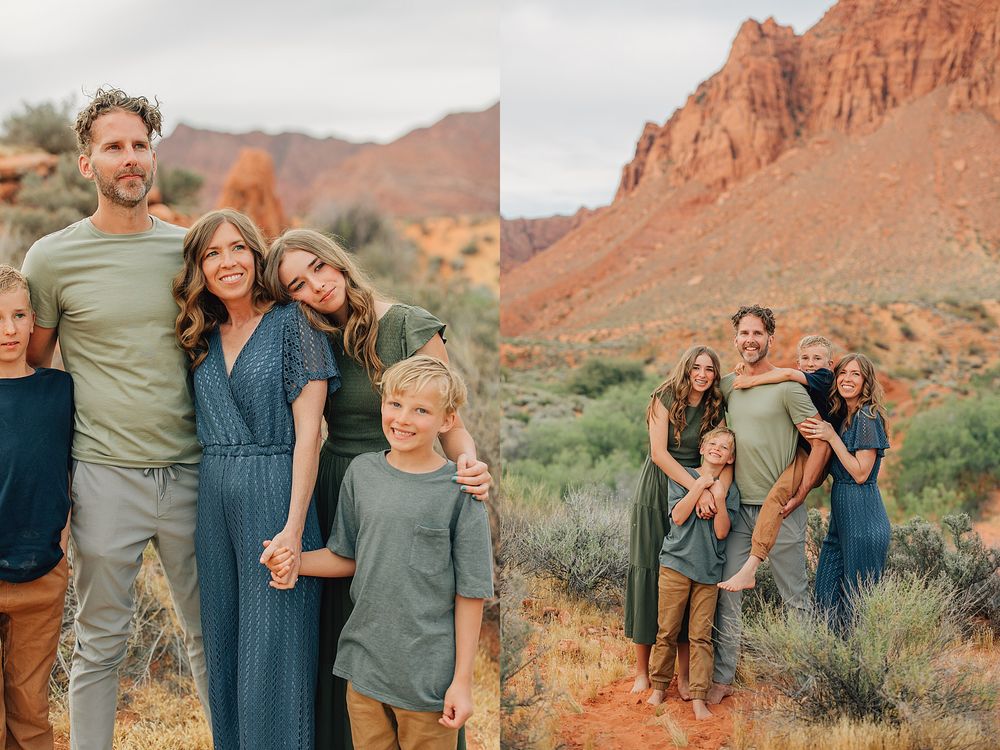 Family portrait session in red rock desert landscape, parents and children wearing coordinated teal and olive outfits.