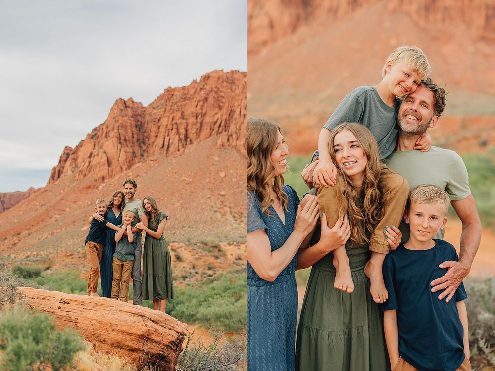 Family of five poses together among red rock formations in the desert, wearing coordinated earth-tone outfits.
