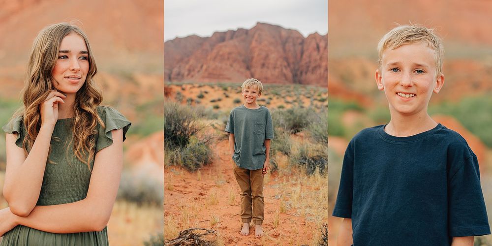 Three children pose individually in a red rock desert landscape, wearing coordinated green and navy outfits.