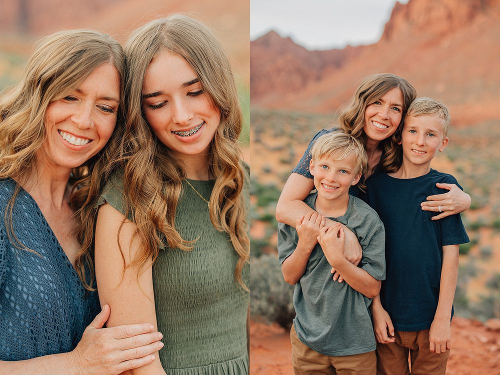 Mother smiling with teenage daughter and two sons during outdoor family photo session in desert setting.