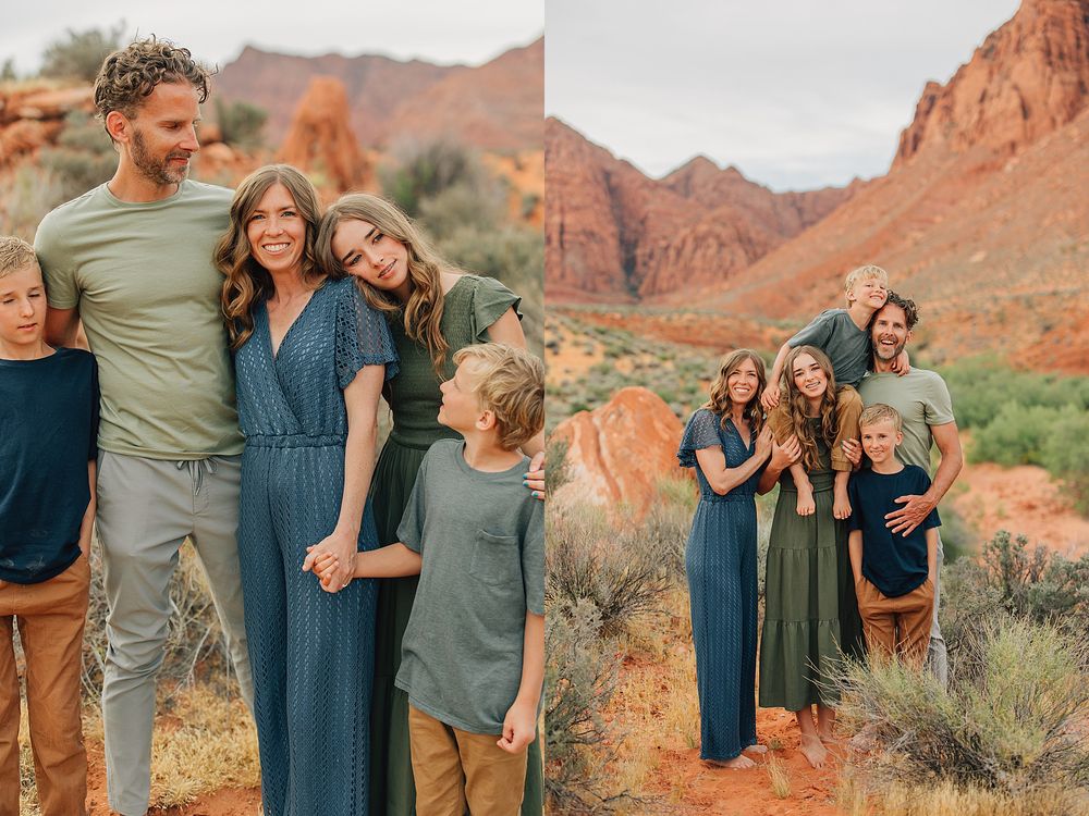Family portrait session in red rock desert landscape with parents and children wearing coordinated earth tones.