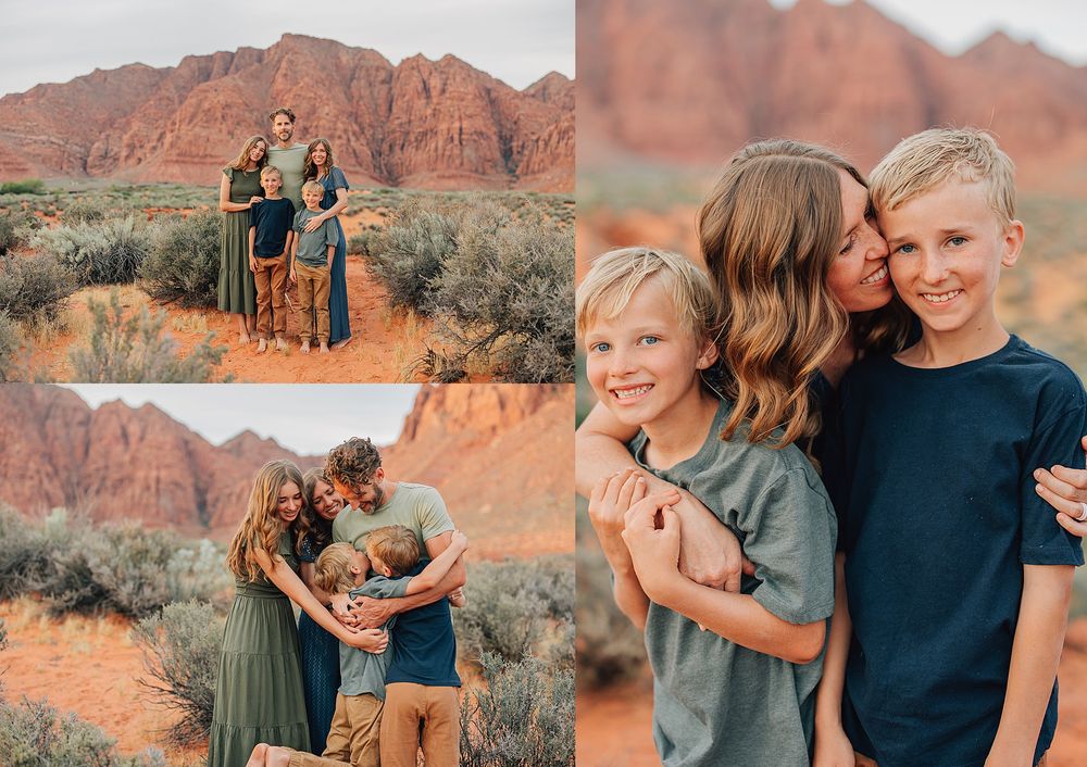 Family portrait session in red rock desert landscape with mother hugging two boys.