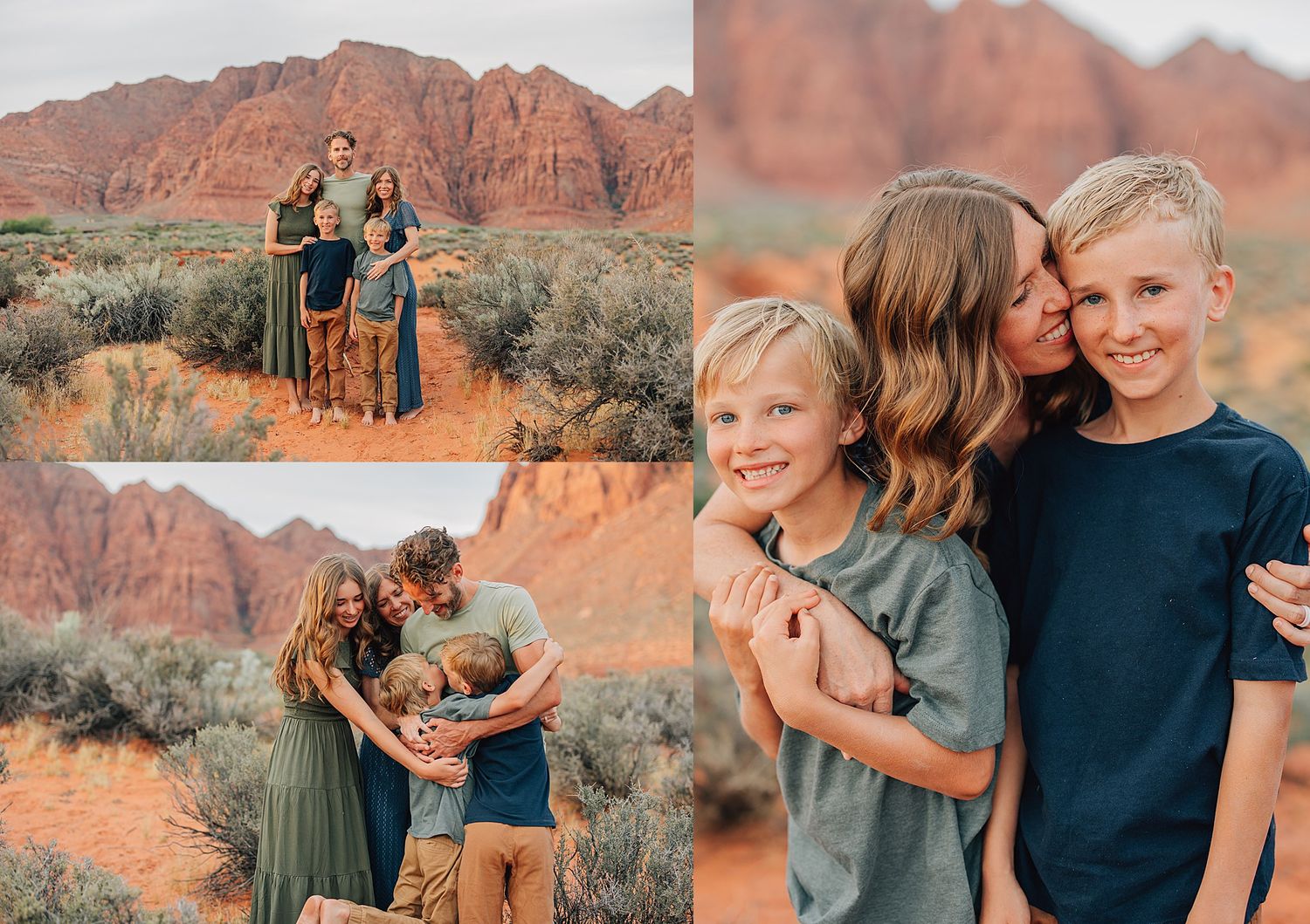 Family portrait session in red rock desert landscape with mother hugging two boys.