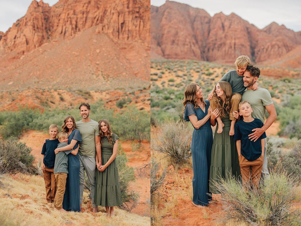 Family of five posing together in front of stunning red rock canyon desert scenery.