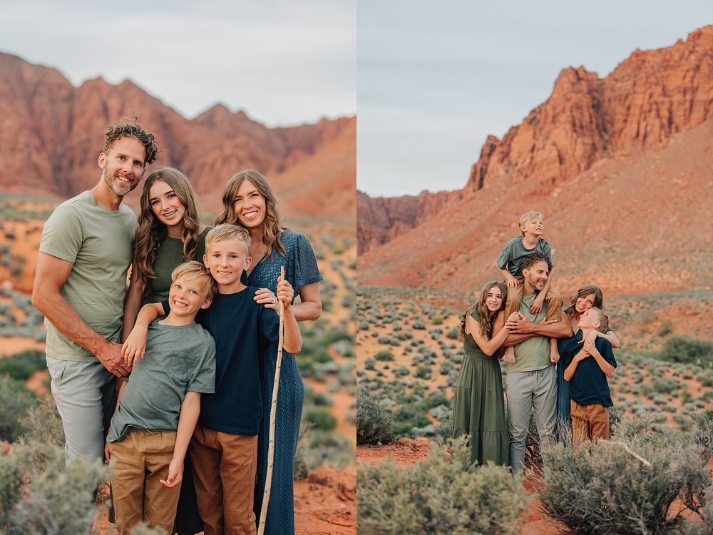 Family of five posing in red rock desert landscape with vibrant sandstone cliffs and desert shrubs in background.